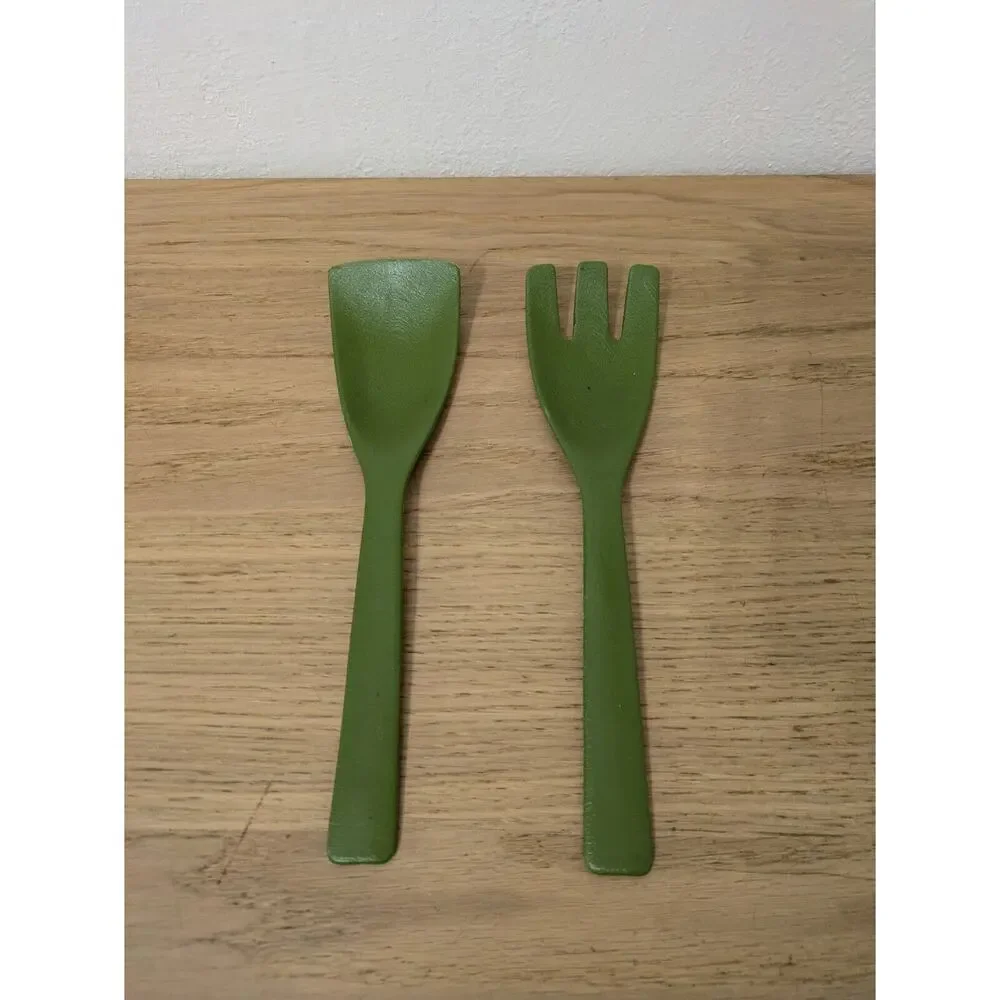 Salad Serving‎ Set Kitchenware Olive Green Fork & Spoon Vintage